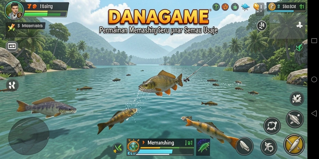 Tampilan antarmuka <strong>DANAGAME</strong> dengan berbagai pilihan lokasi memancing.