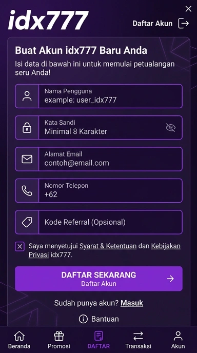 Panduan Registrasi Akun Baru idx777 di Android